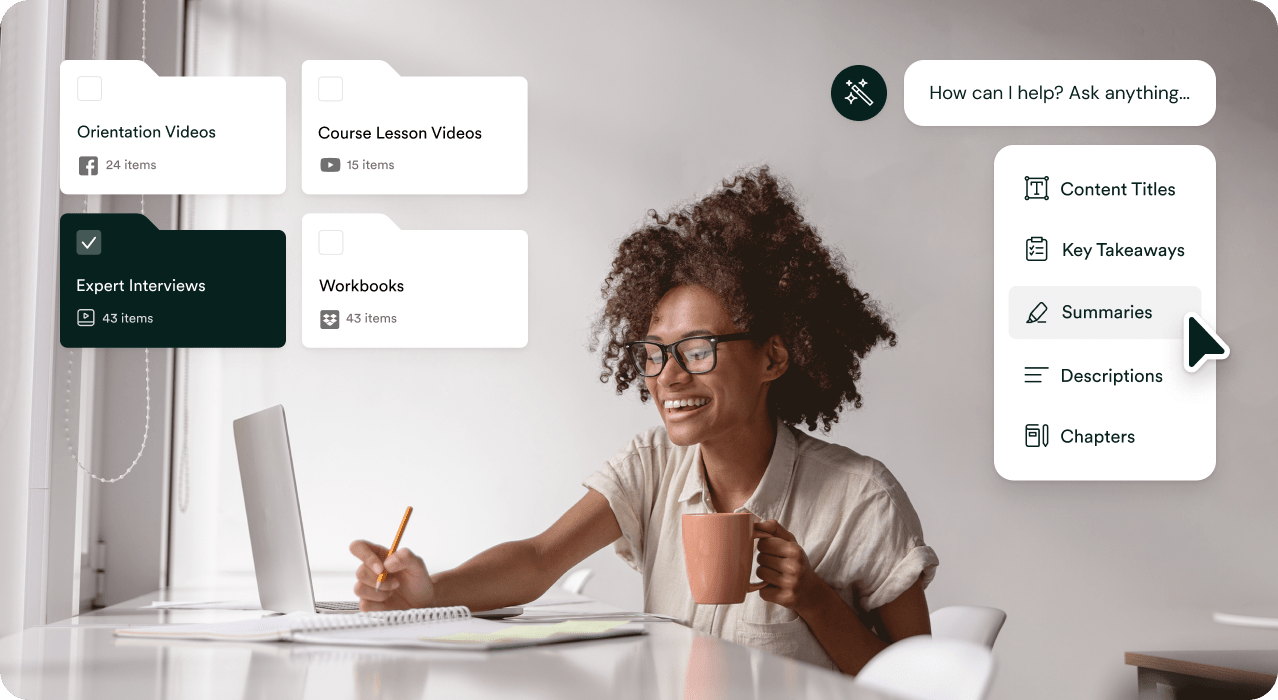 Woman working at a desk, browsing course folders like Orientation Videos and Expert Interviews, with options to view summaries.