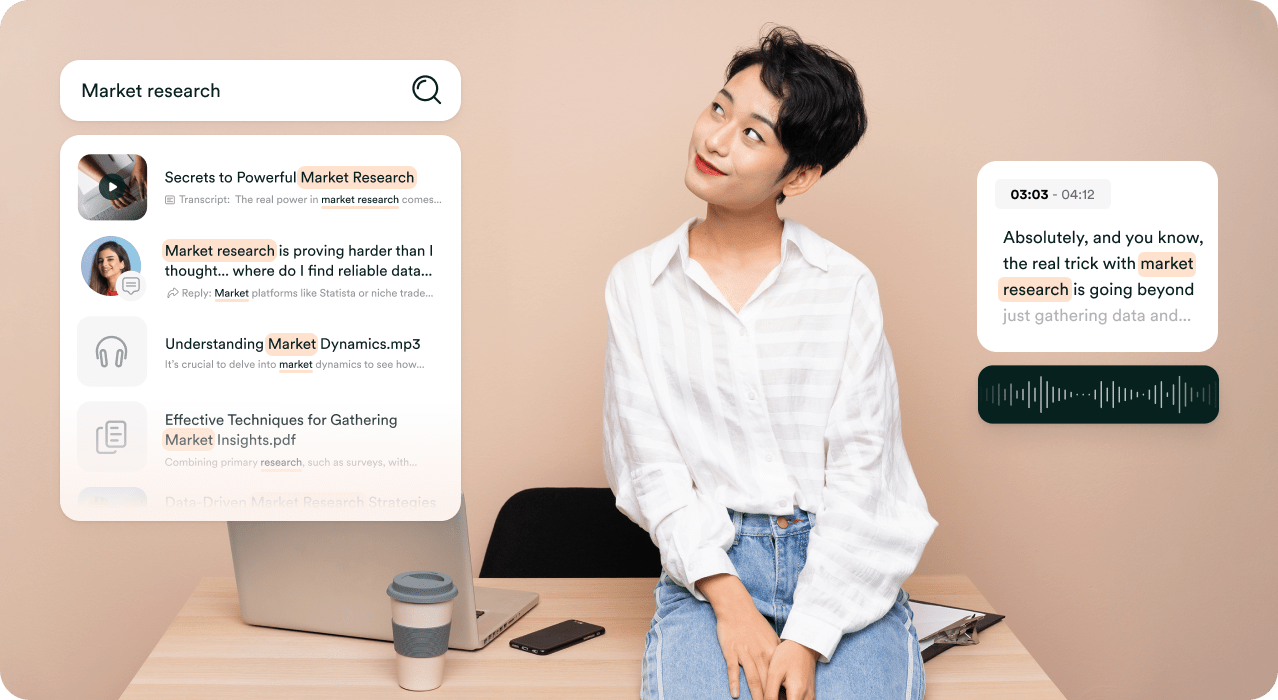 Woman sitting at a desk, searching for 'Market research' with related resources and an audio clip displayed. Woman sitting at a desk, searching for 'Market research' with related resources and an audio clip displayed.