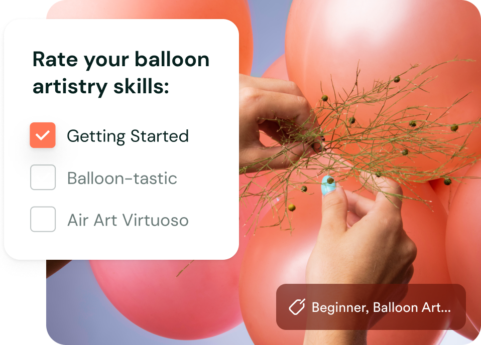 Skill rating for balloon artistry set to 'Getting Started,' with hands arranging decorations among red balloons.