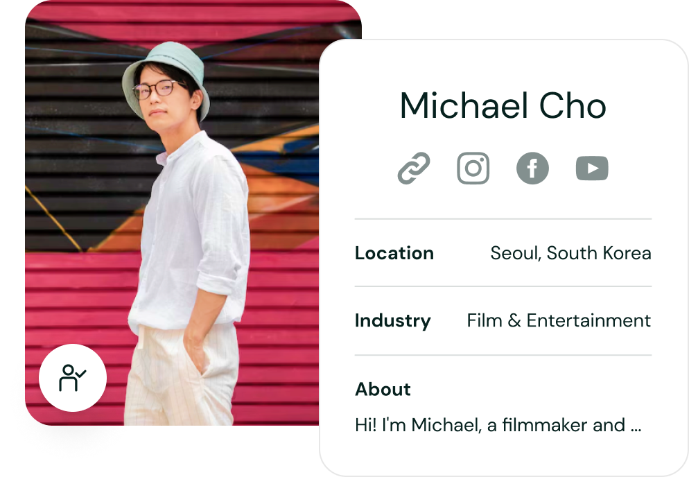 Profile of Michael Cho, a filmmaker from Seoul, South Korea, with social media links and industry details listed.