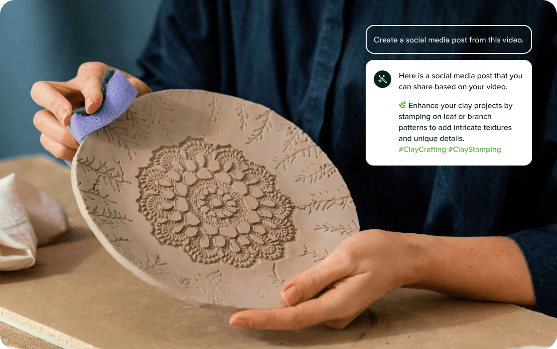 Person holding a clay plate with stamped patterns, alongside a tip for enhancing clay projects using leaf or branch patterns.