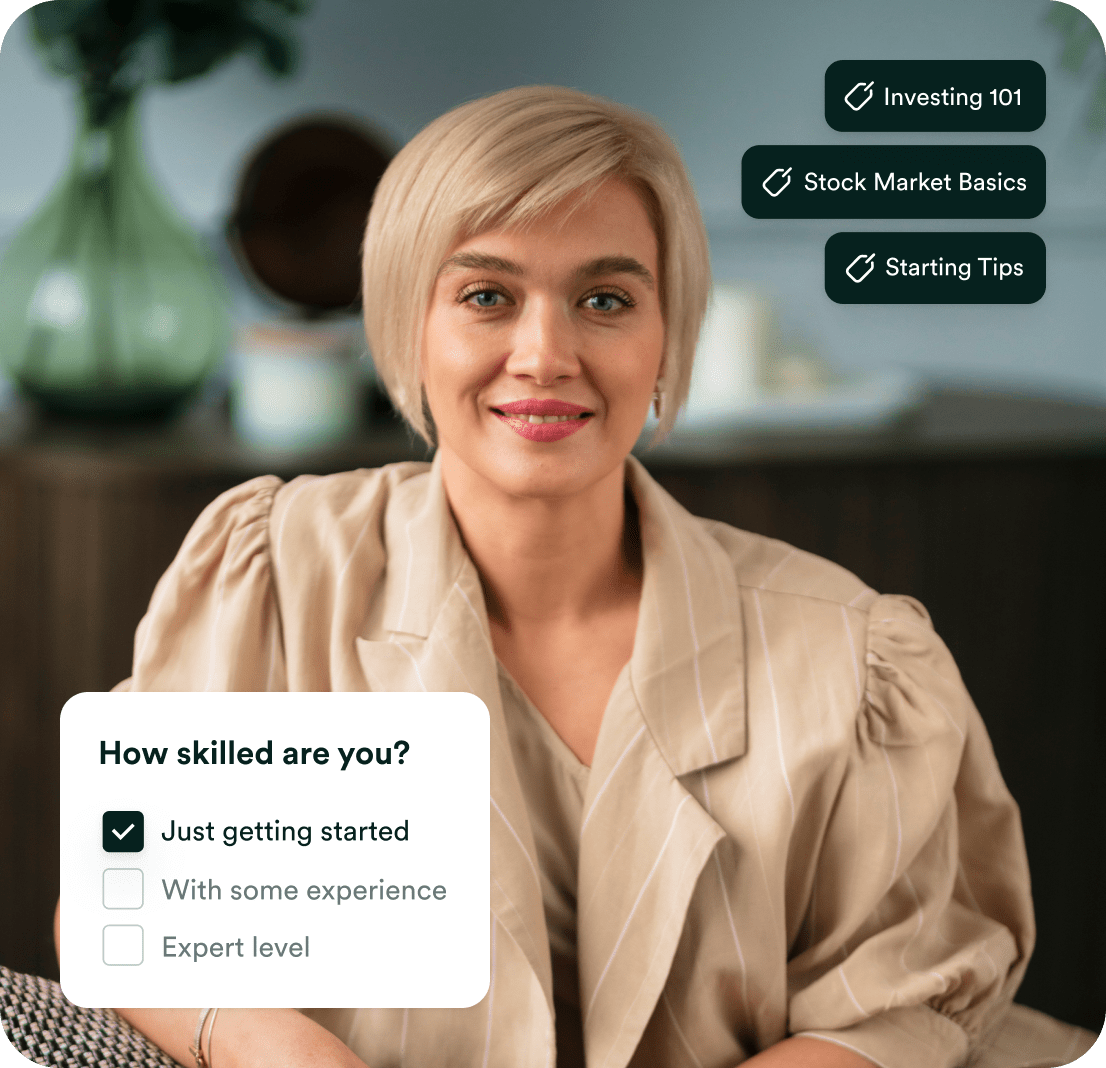 Woman smiling, with options to learn Investing 101, Stock Market Basics, and Starting Tips. Skill level is set to 'Just getting started.